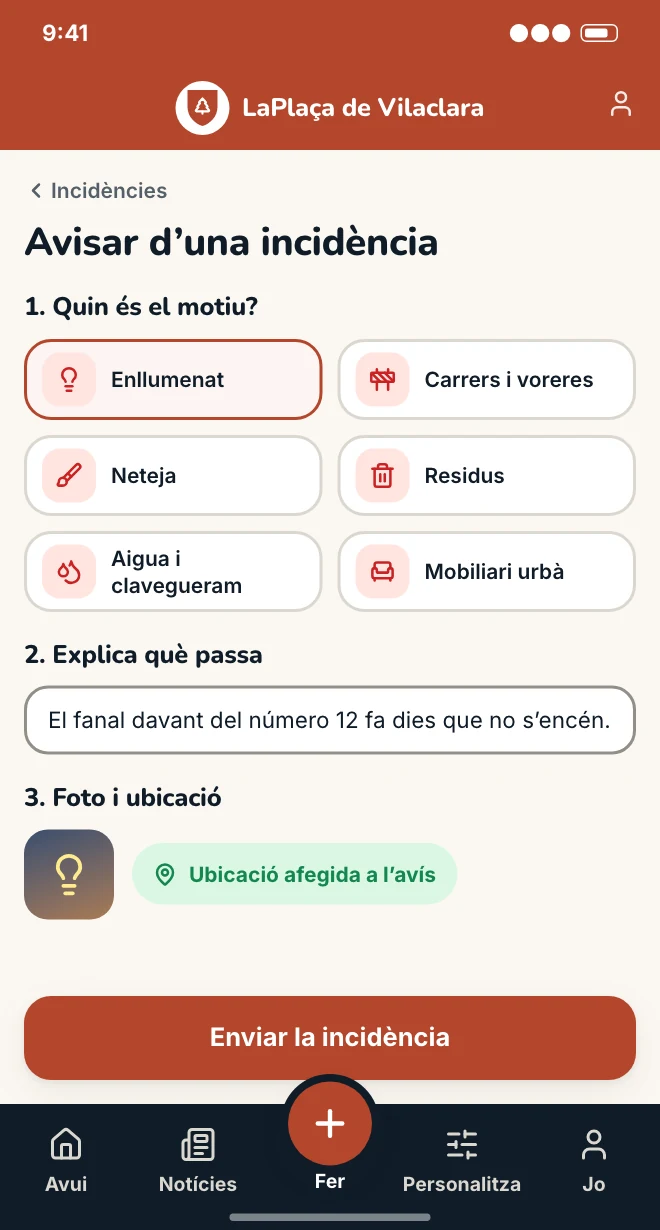 Exemple de l’apartat «Incidències» a l’app d’un municipi fictici