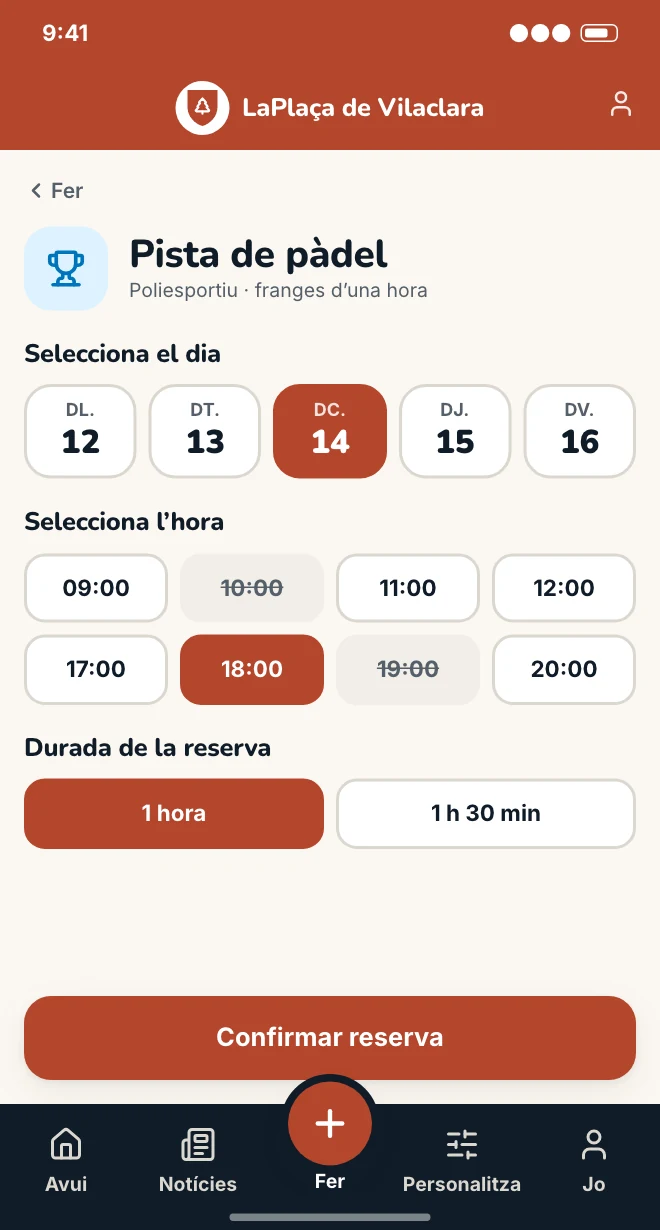 Exemple de l’apartat «Reserves» a l’app d’un municipi fictici