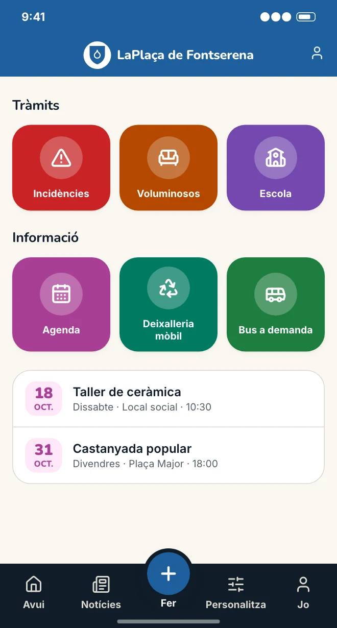 Exemple de l’apartat «Tràmits i informació» a l’app d’un municipi fictici